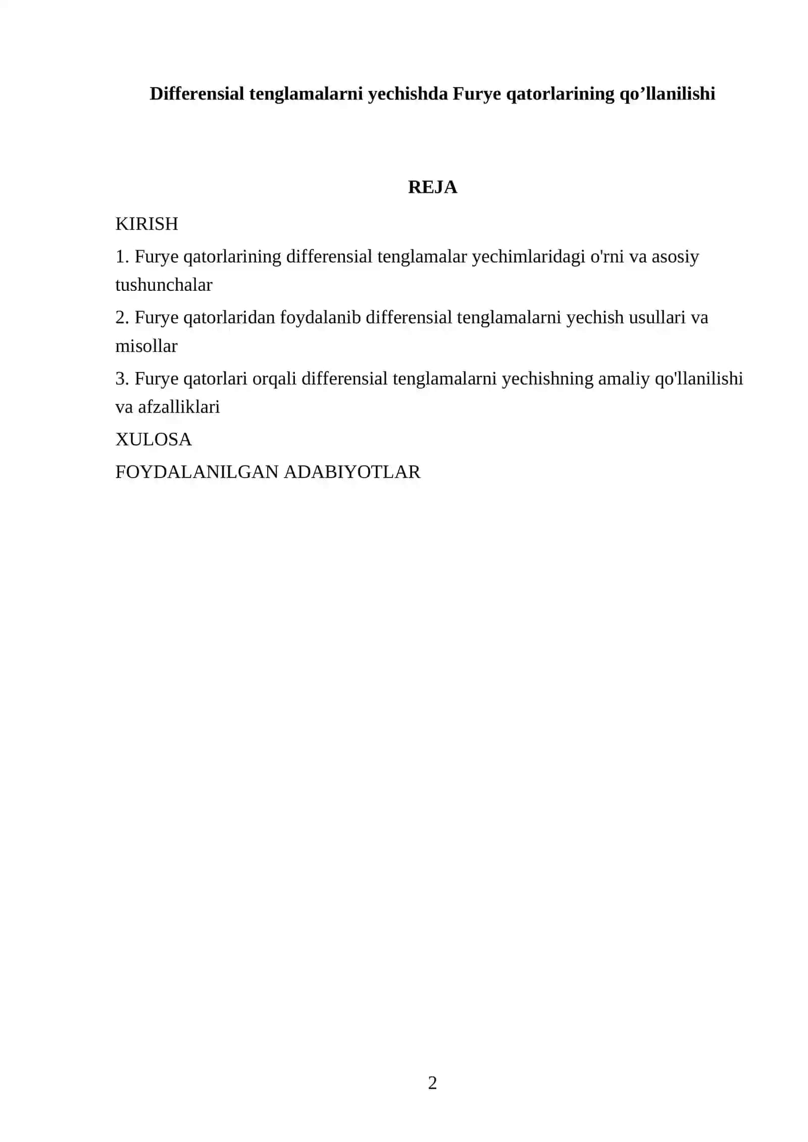 Differensial tenglamalarni yechishda Furye qatorlarining qoʼllanilishi 2