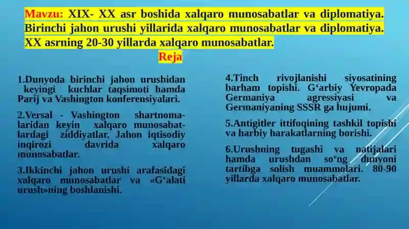 XIX- XX asr boshida xalqaro munosabatlar va diplomatiya 2