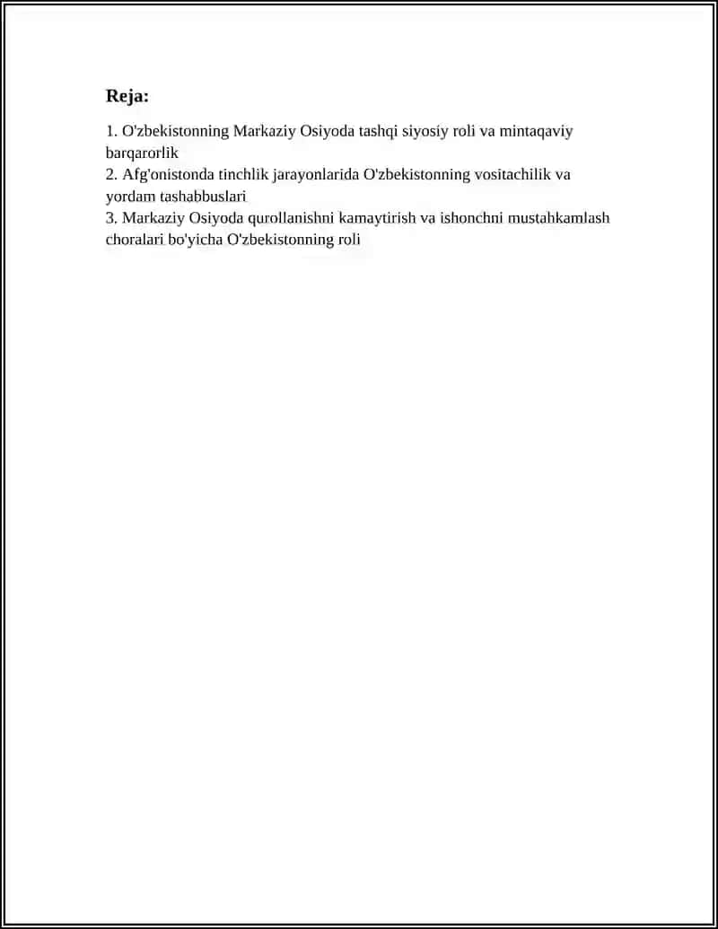 O'ZBEKISTONNING MARKAZIY OSIYODA TINCHLIK VA BARQARORLIKNI TA’MINLASHDAGI O‘RNI 2