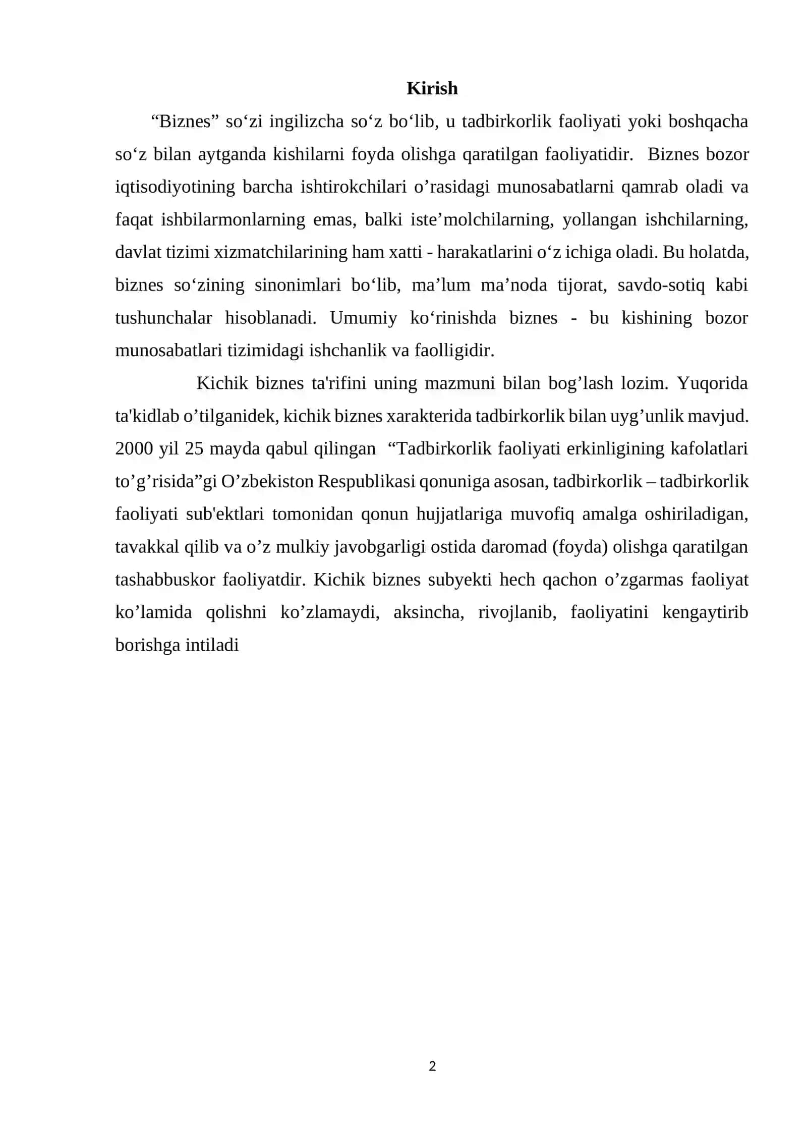 O’ZBEKISTONDA KICHIK BIZNES VA XUSUSIY TADBIRKORIKNI QO’LLAB QUVVATLANISHI 2