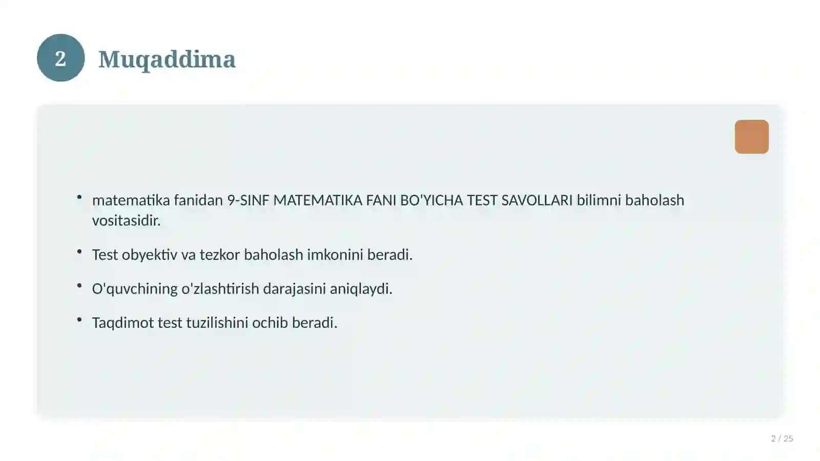 9-SINF MATEMATIKA FANI BO'YICHA TEST SAVOLLARI 2