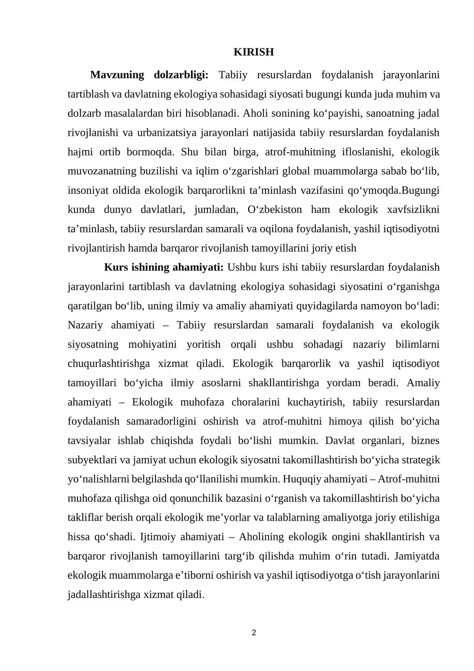 Tabiiy resurslardan foydalanish jarayonlarini tartiblash va davlatning ekologiya sohasidagi siyosati 2