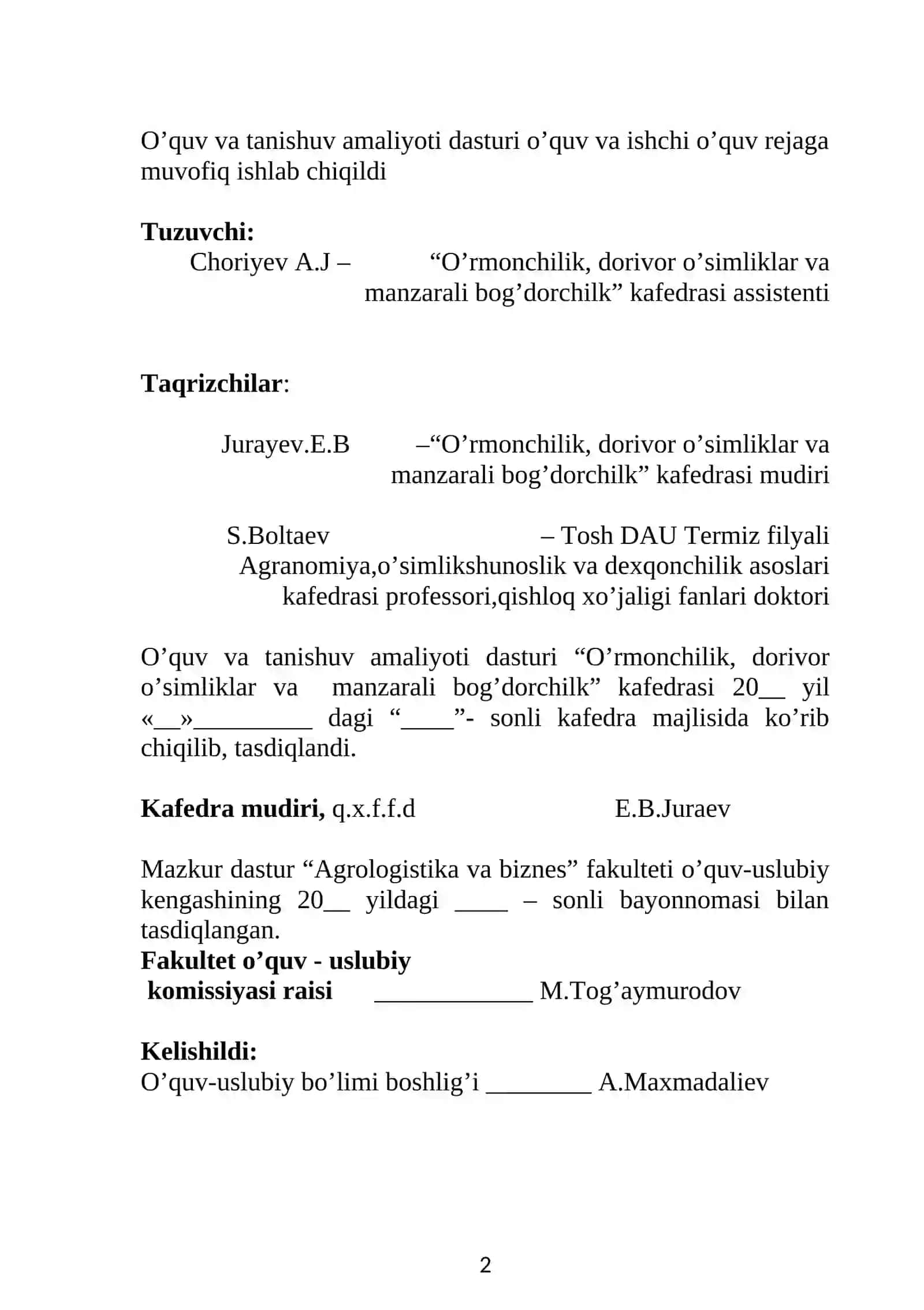 FARMAKOGNOZIYA FANIDAN O’QUV VA TANISHUV AMALIYOTI DASTURI 2