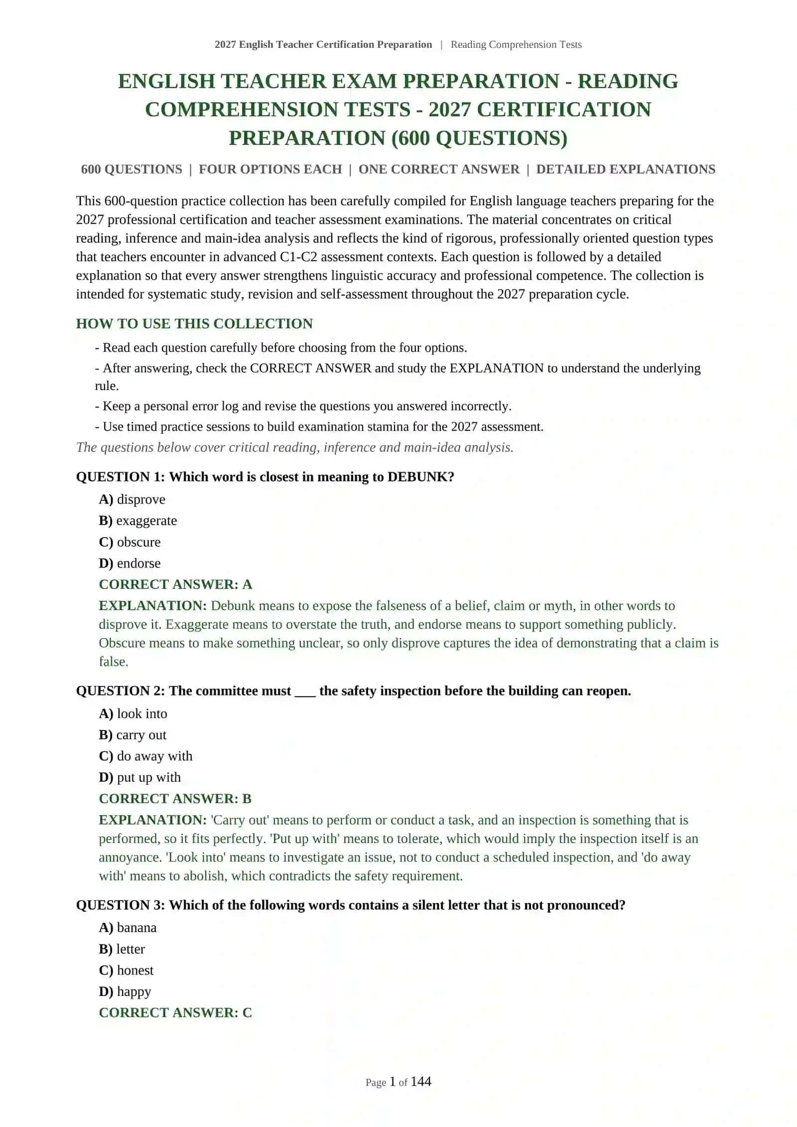 ENGLISH TEACHER EXAM PREPARATION - READING COMPREHENSION TESTS - 2027 CERTIFICATION PREPARATION (600 QUESTIONS) 2
