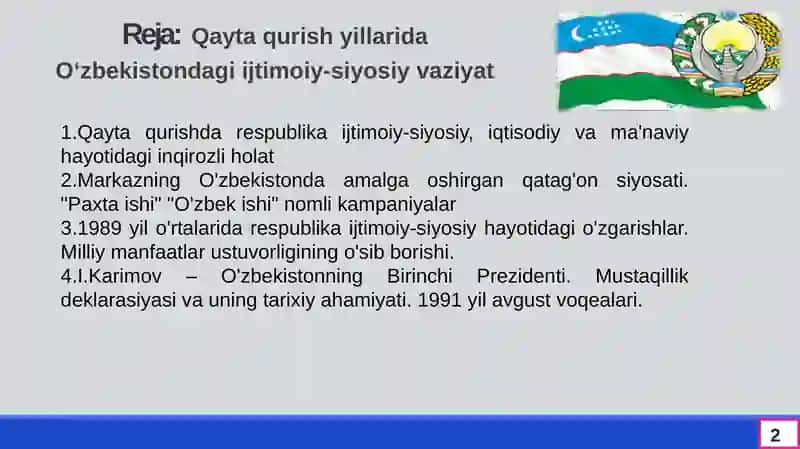 Qayta qurish yillarida O‘zbekistondagi ijtimoiy-siyosiy vaziyat 2