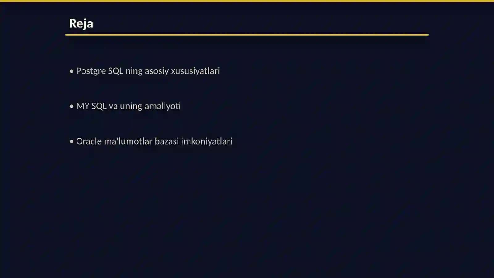 Postgre SQL, MY SQL, Oracle, MS SQL bilan tuzilgan ma'lumnotlar bazasi amaliyoti 2