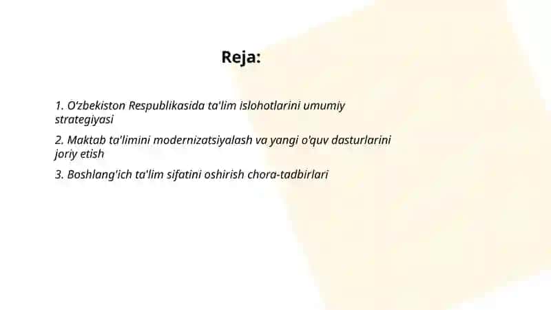 Oʻzbekiston Respublikasida ta'lim sohasida amalga oshirilgan islohotlar 2