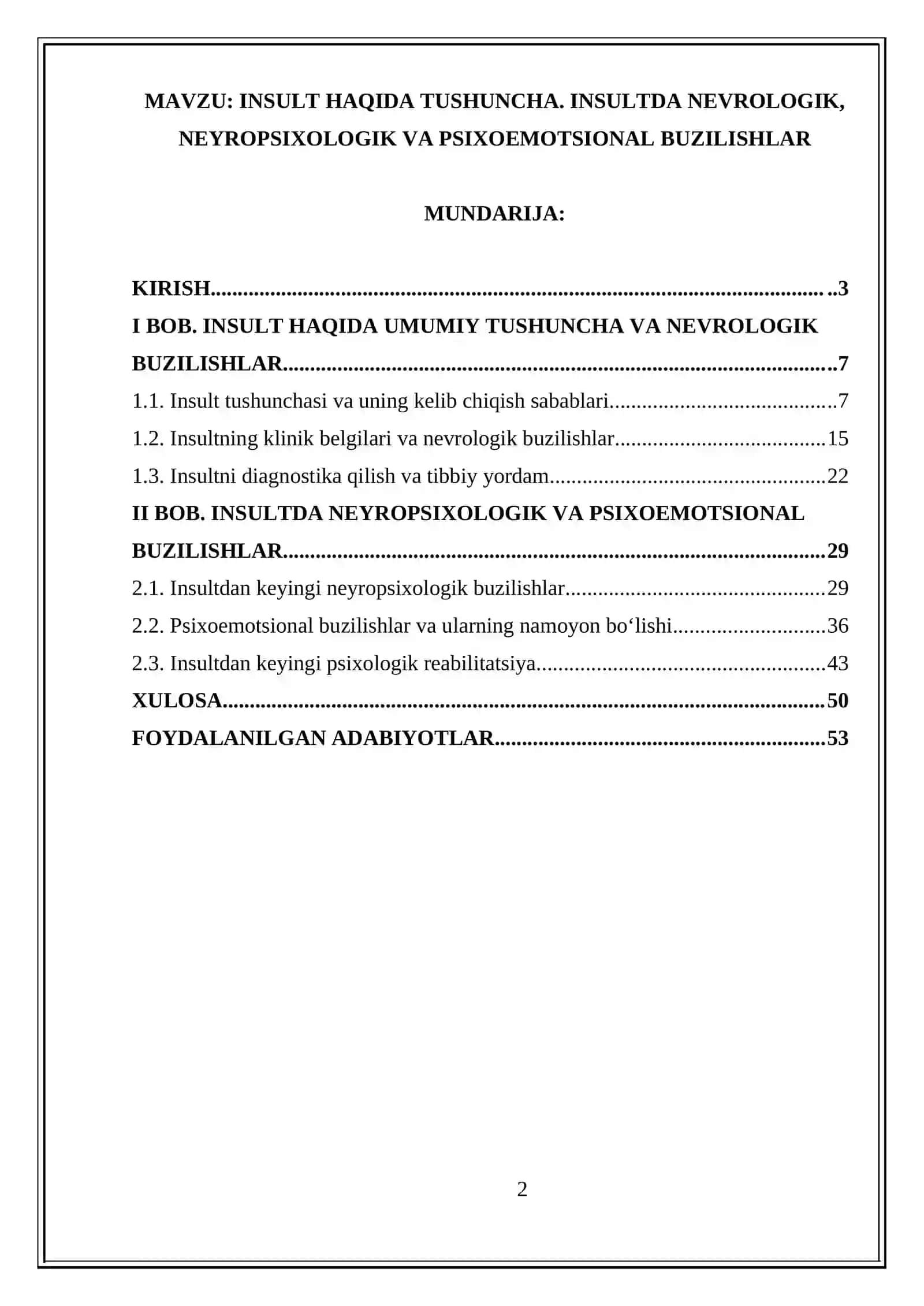 INSULT HAQIDA TUSHUNCHA. INSULTDA NEVROLOGIK, NEYROPSIXOLOGIK VA PSIXOEMOTSIONAL BUZILISHLAR 2