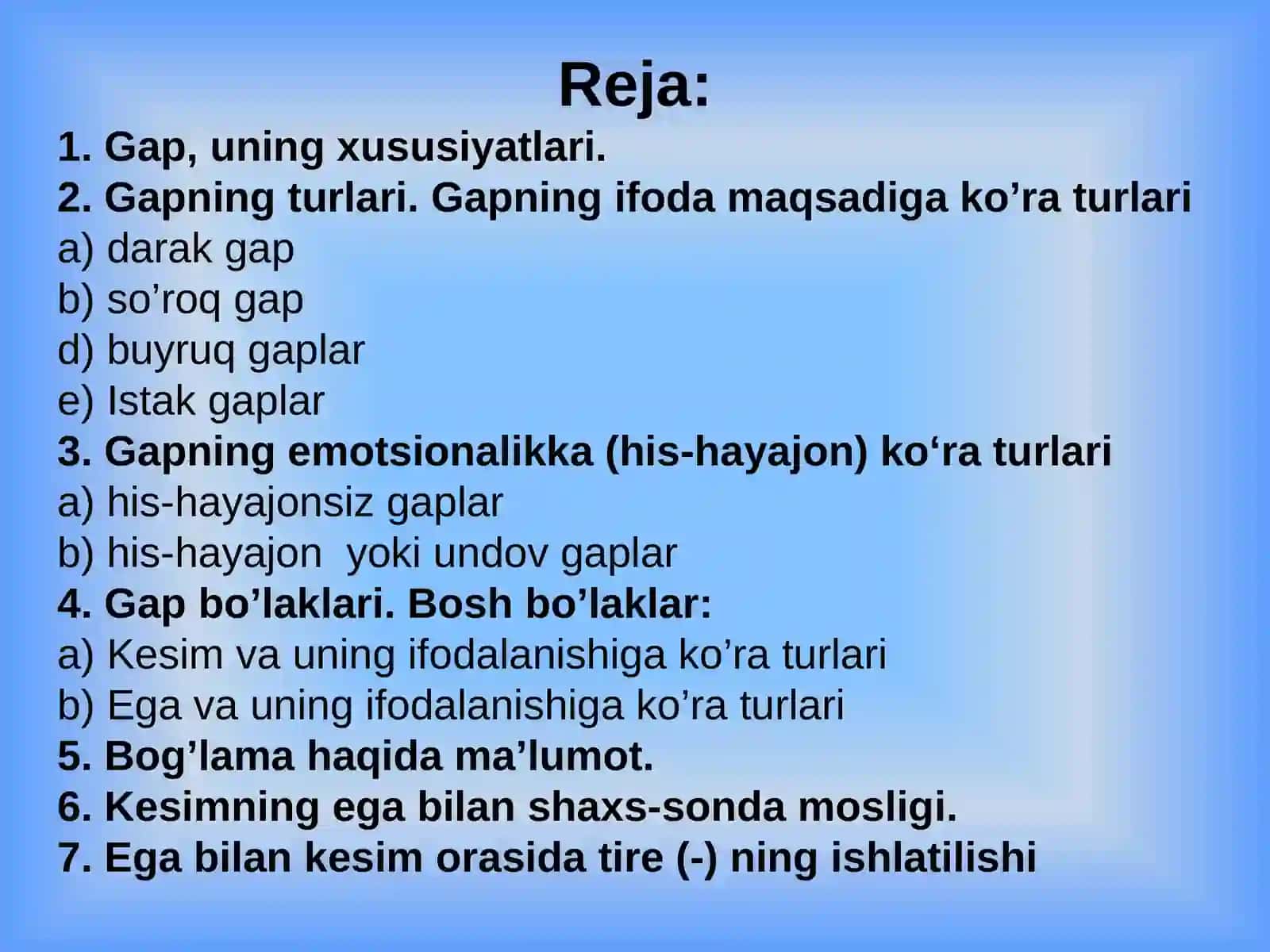 Gap bo‘laklari. Bosh bo‘laklar. Ega, uning ifodalanishi. Kеsim, uning ifodalanishi, turlari. Bog`lama. Kеsimning ega bilan shaxs va sonda mosligi.Ega bilan kеsim orasida tirе(-)ning ishlatilishi 2