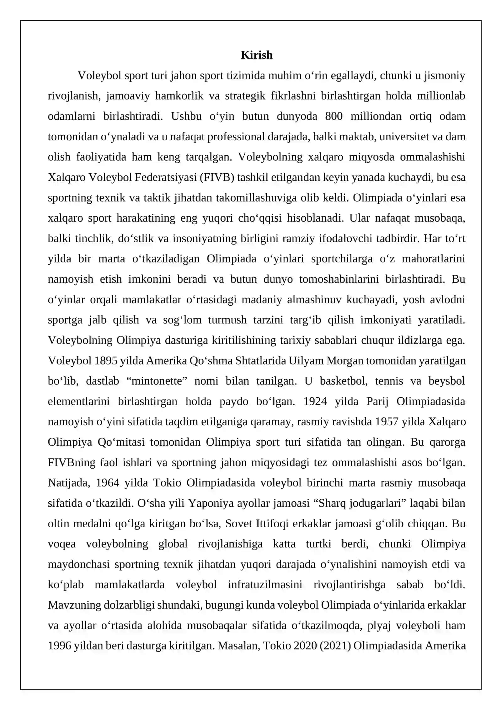 Voleybol bo‘yicha Olimpiada o‘yinlarini o‘tkazilishi. 2