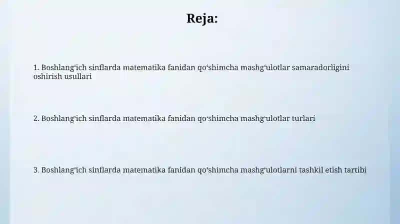 Boshlang'ich sinflarda matematikadan sinfdan tashqari ishning tashkil qilish turlari va tartiblari 2