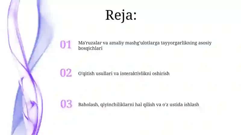 Ma'ruzalar va amaliy mashg'ulotlarga tayyorgarlik 2