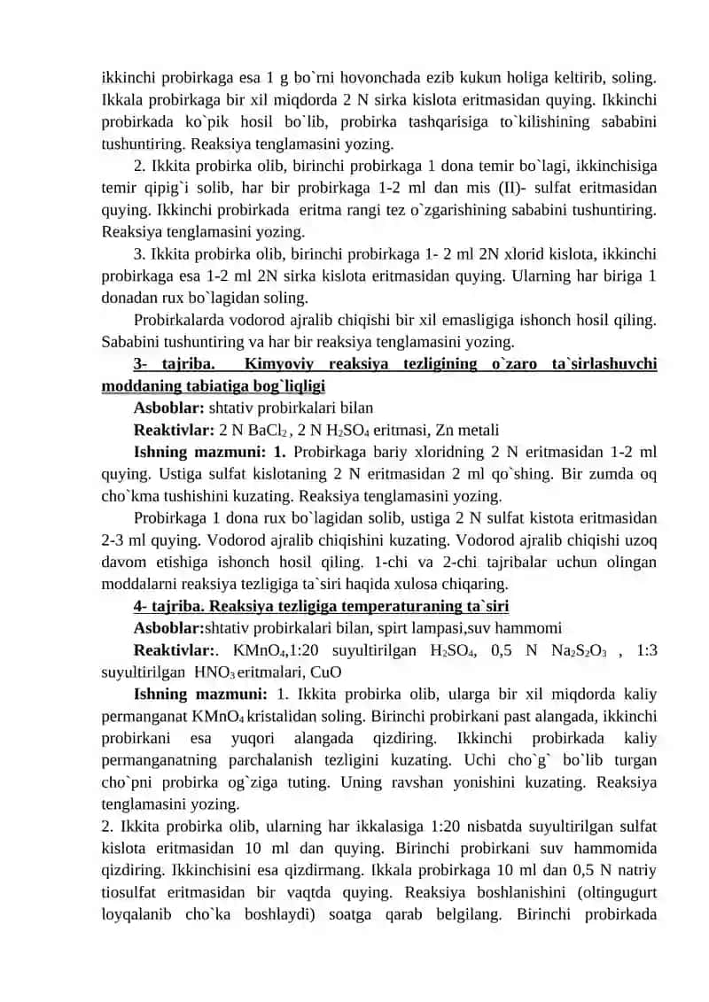 Kimyoviy reaksiya tezligiga ta`sir etuvchi omillarni o`rganish 2