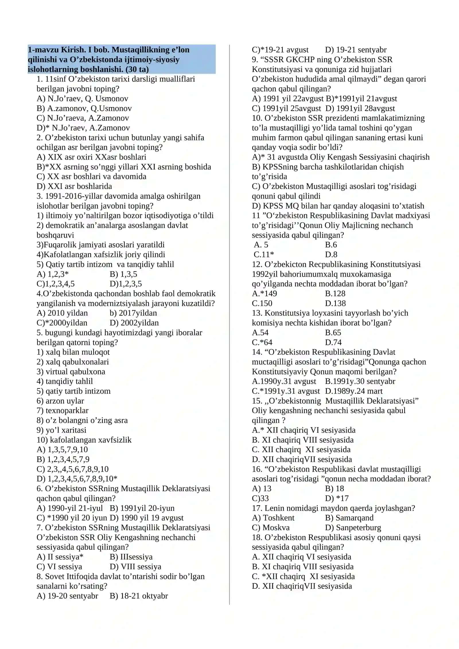 11-sinf O’zbekiston tarixi darsligi yuzasidan mavzulashtirilgan test to’plami 2