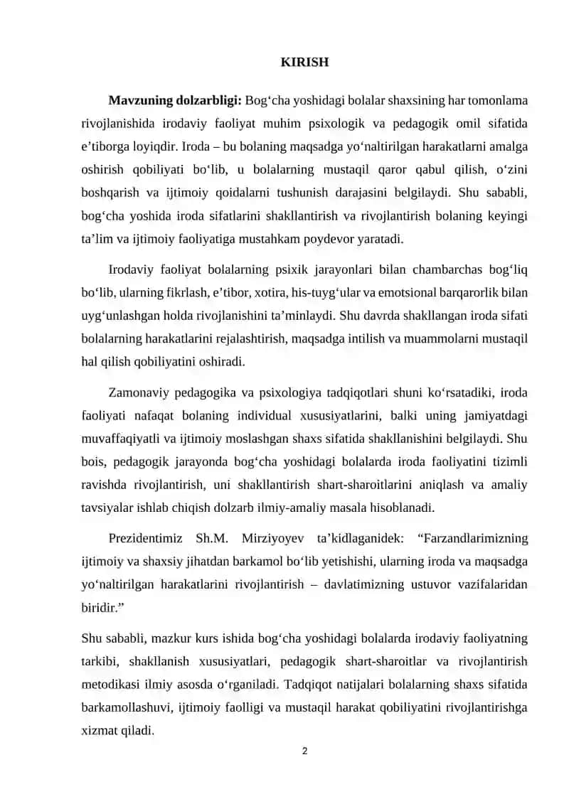 BOG‘CHA YOSHIDAGI BOLALARDA IRODAVIY FAOLIYAT UNI TARKIB TOPISHI KURS ISHI 2