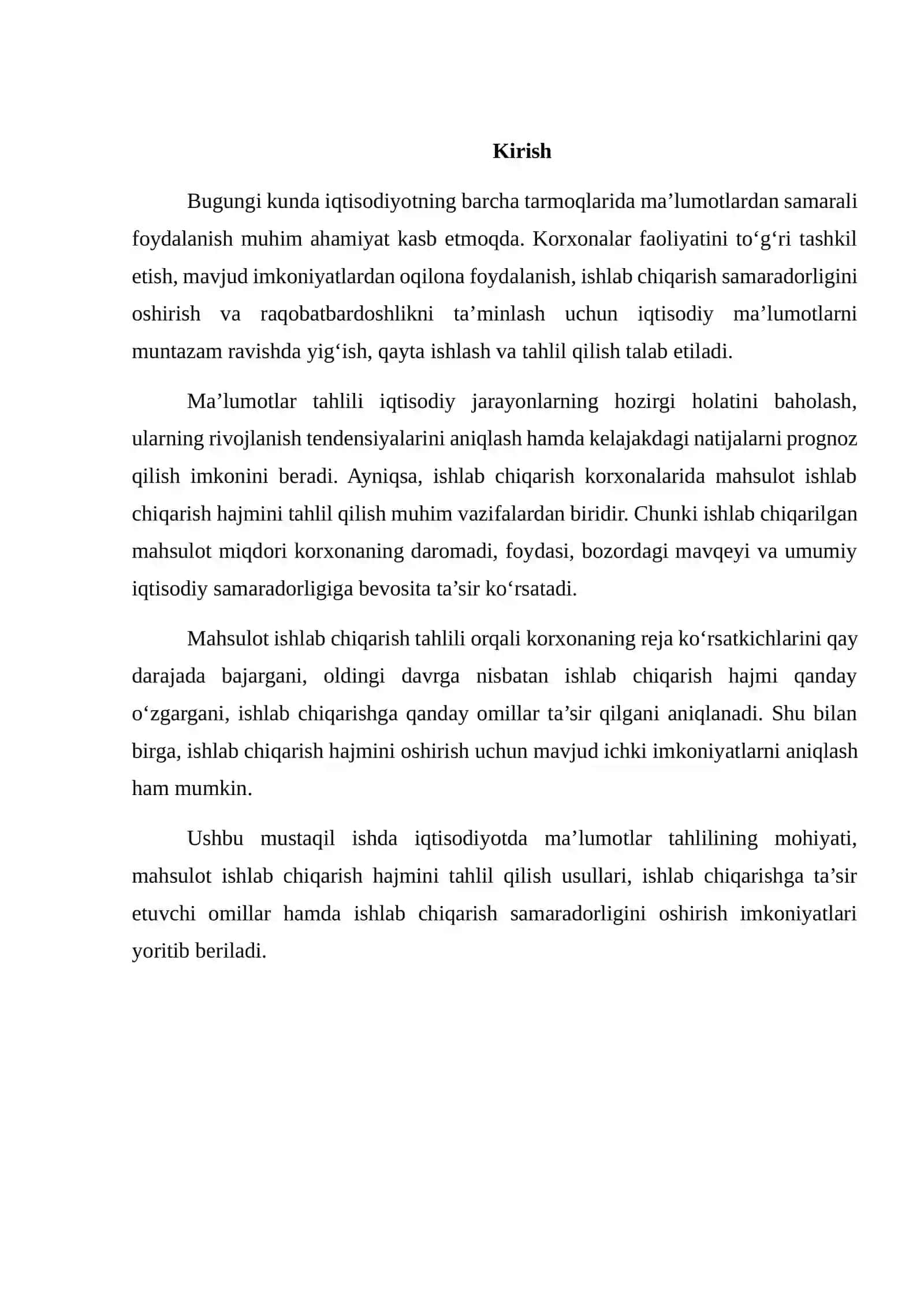 IQTISODIYOTDA MA’LUMOTLAR TAHLILI. MAHSULOT ISHLAB CHIQARISH TAHLILI 2