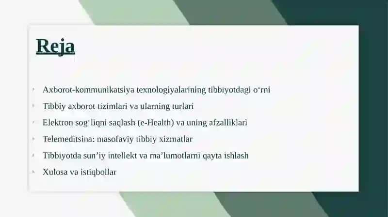 Tibbiyot masalalarini yechishda axborot komunikatsiya texnalogiyalari 2