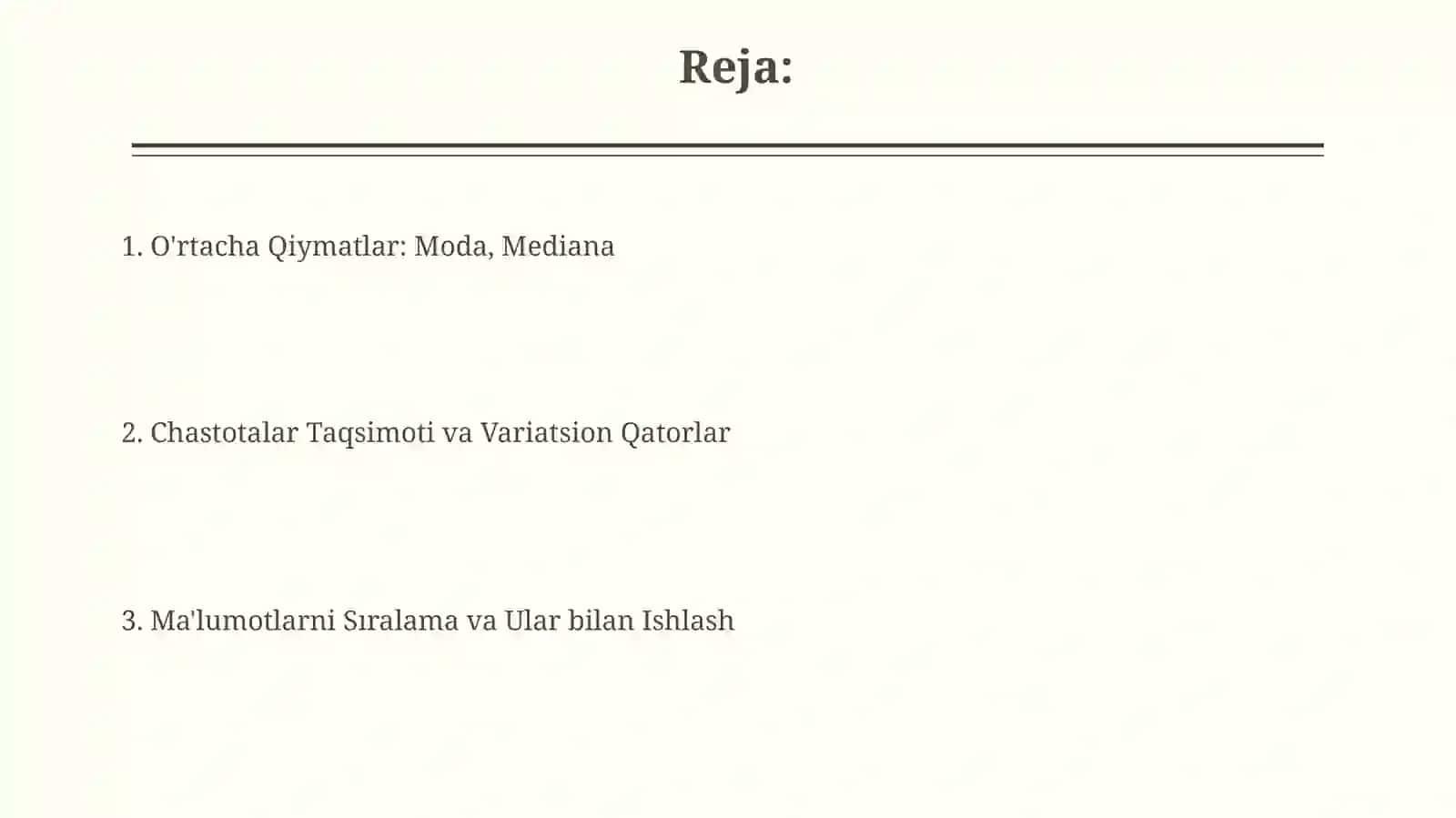 Mat statistika ko'plik variatsion qator ular bilan ishlash moda mediana tartiblash 2
