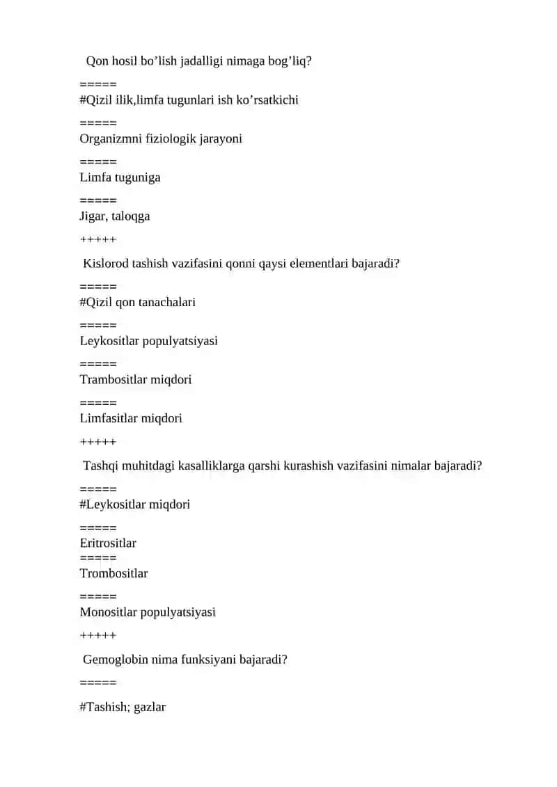 Fiziologiya va sport fiziologiyasidan fanidan yakuniy nazorat TEST savollari 2