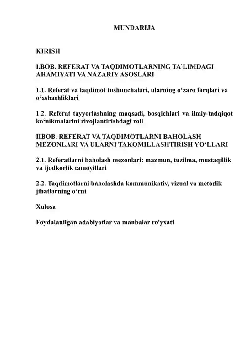 Refarat va taqdimotlarni baxolash mezonlari Kurs ishi 2