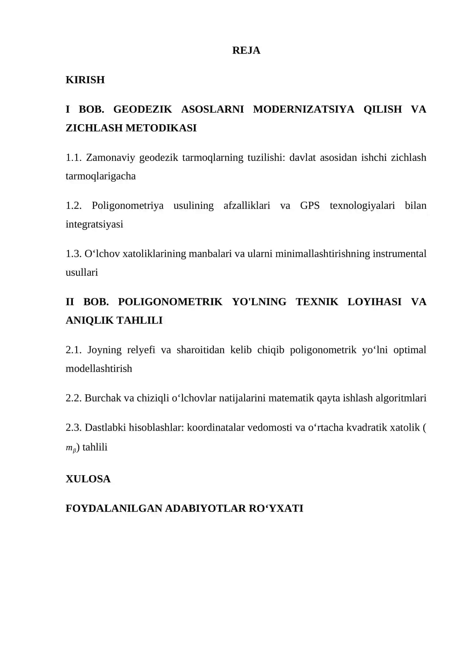 GEODEZIK ASOSINI YARATISHDA ZICHLASH POLIGONOMETRIK YO'LINI LOYHALASH VA ANIQLIGINI DASTLABKI HISOBLASH 2