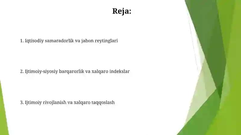 O'zbekistonda ijtimoiy siyosiy va iqtisodiy hayotida roy berayotgan o'zgarishlar xalqaro reytingi 2