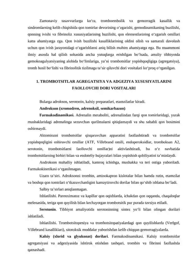 Trombotsitlar aggregatsiya va adgeziya xususiyatlarini faollovchi dori vositalari 2