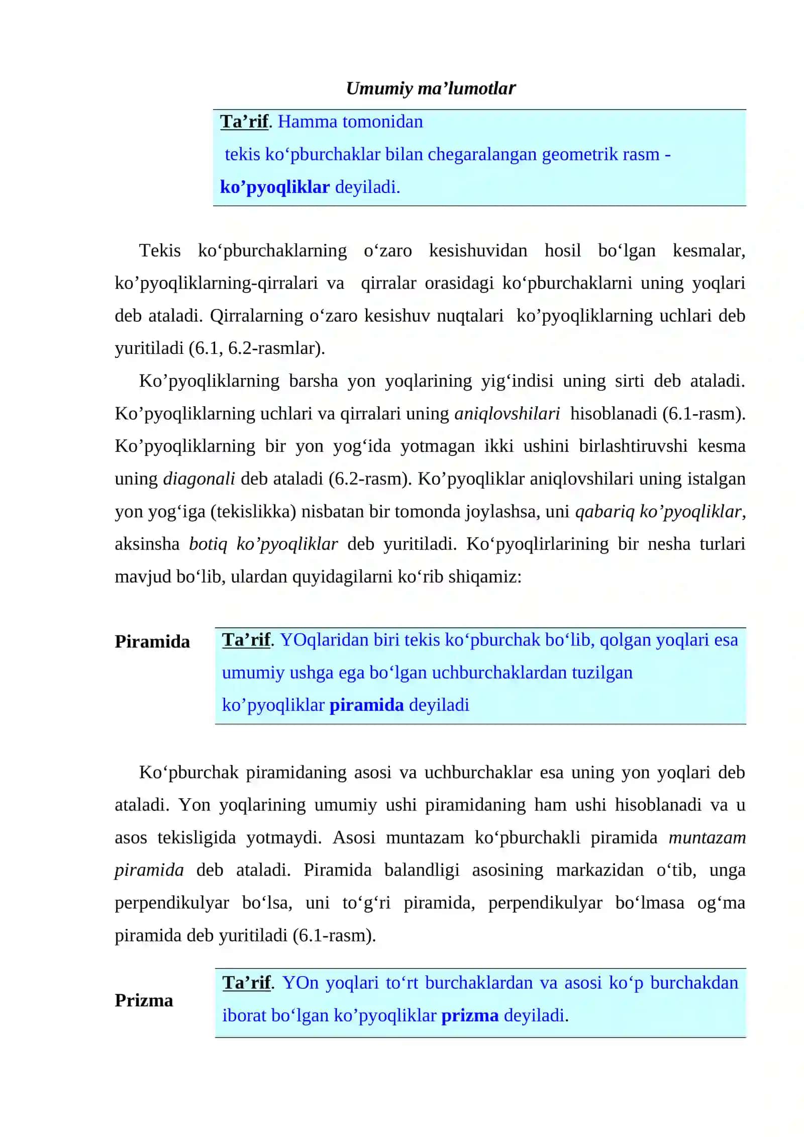 Ko’pyoqlar haqida tushunchalar va ularning proеktsiyalari 2