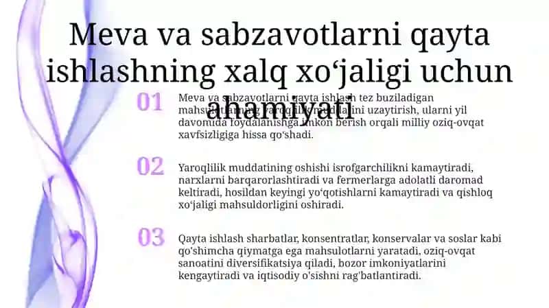 Meva-Sabzavot Mahsulotlarini Qayta Ishlashni Xalq XoʻJaligidagi OʻRni Va Ahamiyati 2