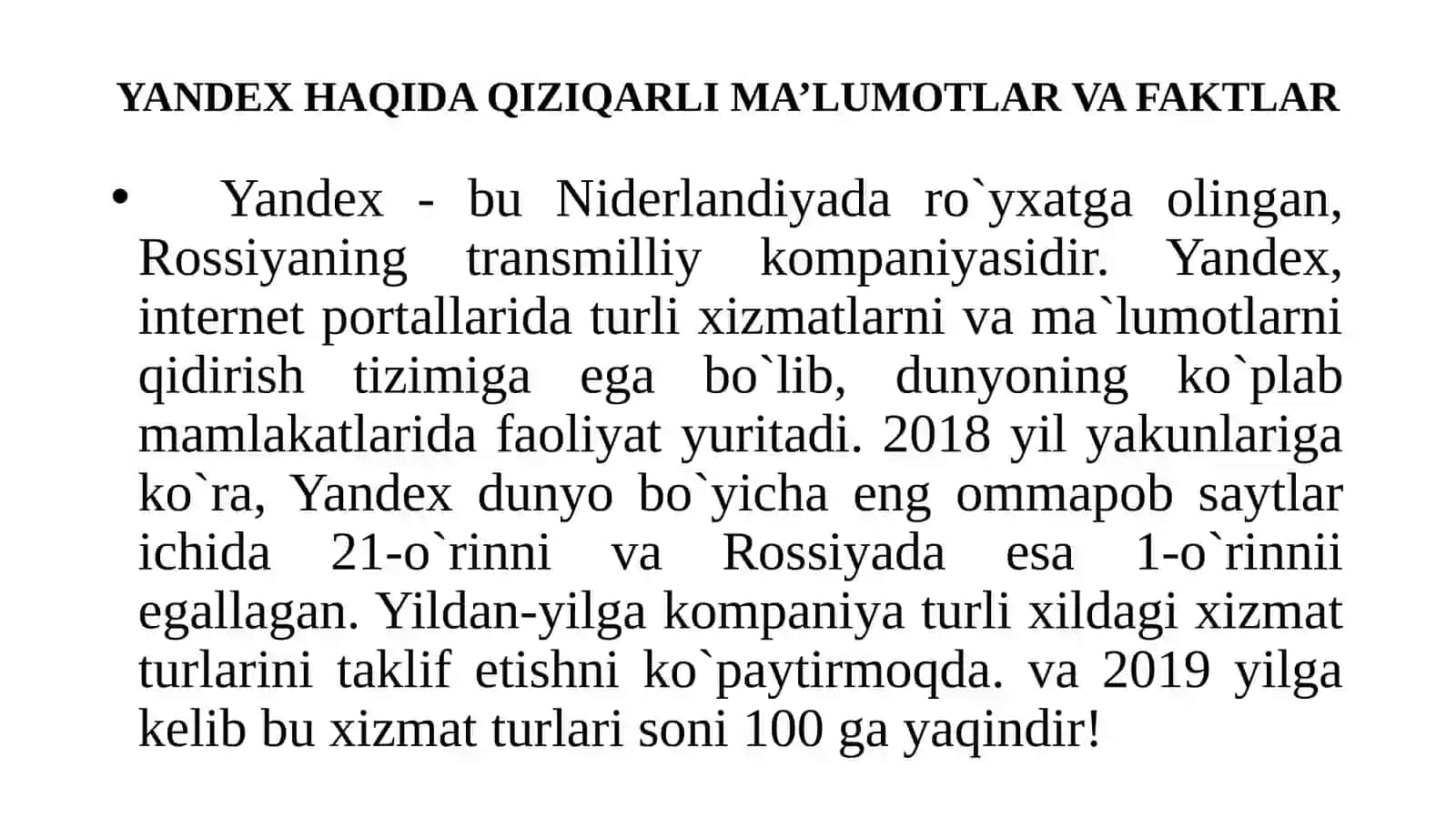 YANDEX HAQIDA QIZIQARLI 2