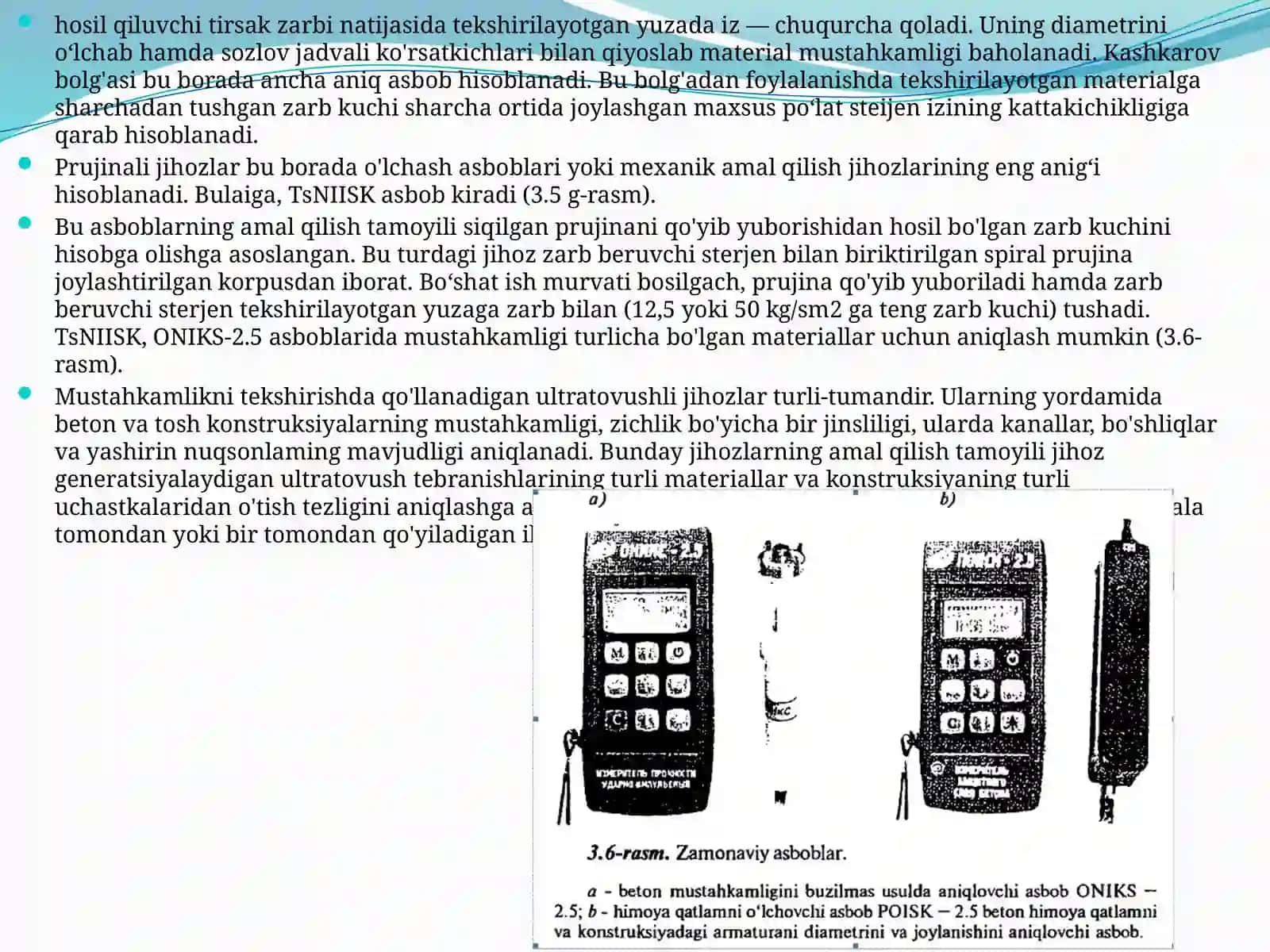 Tekshirish ishlarining asbob-uskunalar bilan ta’minlanishi. Mustahkamlik va deformativ xususiyatlarni aniqlash uchun ishlatiladigan asbob-uskunalar. Binolar tashhisida texnika havfsizligi 2