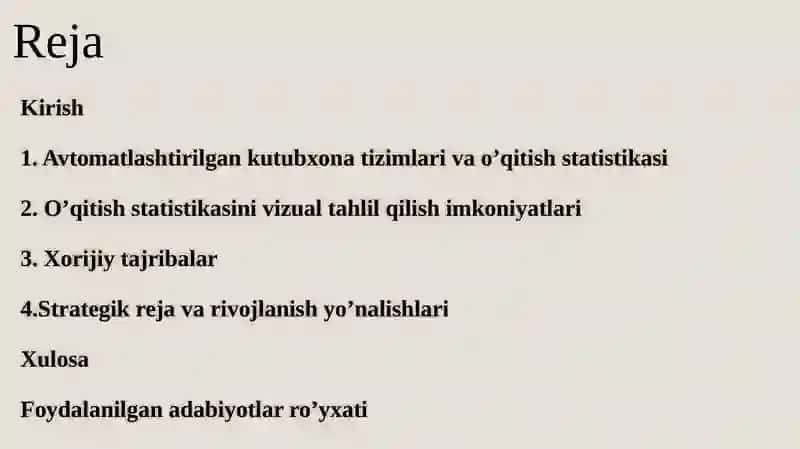 AVTOMATLASHTIRILGAN KUTUBXONA TIZIMLARIDA O’QITISH STATISTIKASINI VIZUAL TAHLIL QILISH IMKONIYATLARI 2