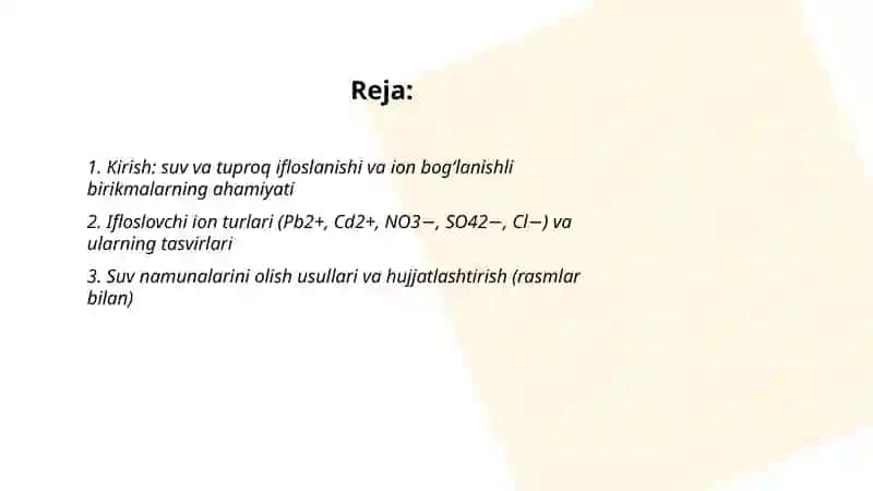 Menga rasmlari bilan pover pointda suv va tuproq ifloslanishida ion bog'lanishni birikmalarni aniqlash 2