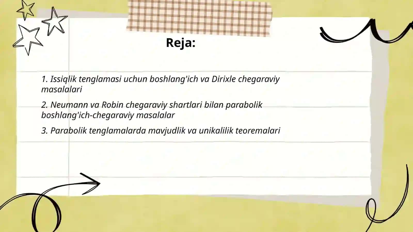 Parabolik tipdagi tenglamalar uchun boshlang'ich va chegaraviy masalalar 2