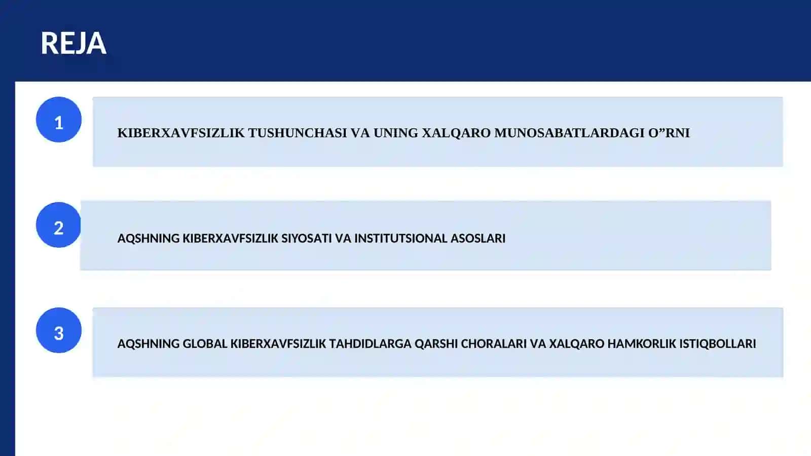 AQSH Kiberxavfsizlik Siyosati va Global Tahdidlar | Tayyor Bitiruv Malakaviy Ishi / Slayd (2026) 2