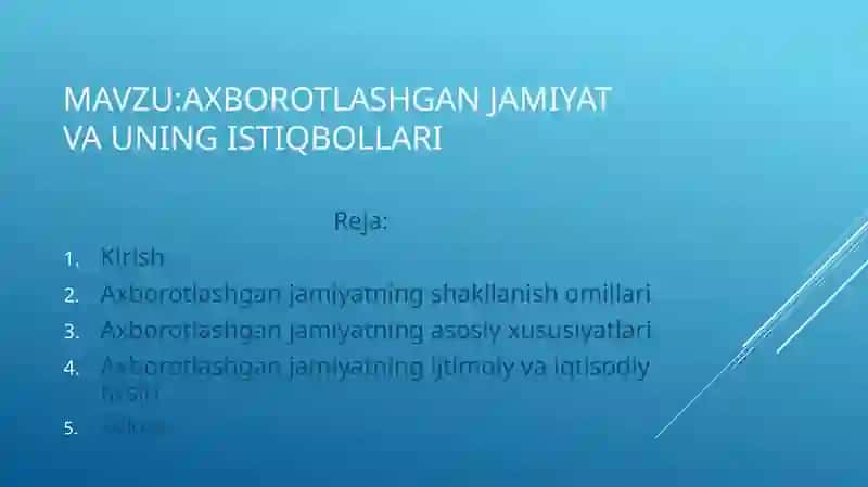 Axborotlashgan jamiyat va uning istiqbollari  Axborotlashgan jamiyatning shakllanish omillari Axborotlashgan jamiyatning asosiy xususiyatlari Axborotlashgan jamiyatning ijtimoiy va iqtisodiy ta’siri 2