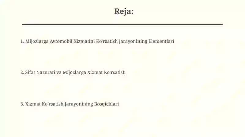 Mijozlarga Avtomobil Xizmatini Ko'rsatish Jarayonining Elementlari 2