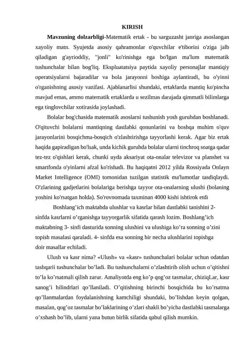 BOSHLANG'ICH SINF O'QUVCHILARIGA KASR SON XQIDA TUSHUNCHA BERISH METODIKASI 2