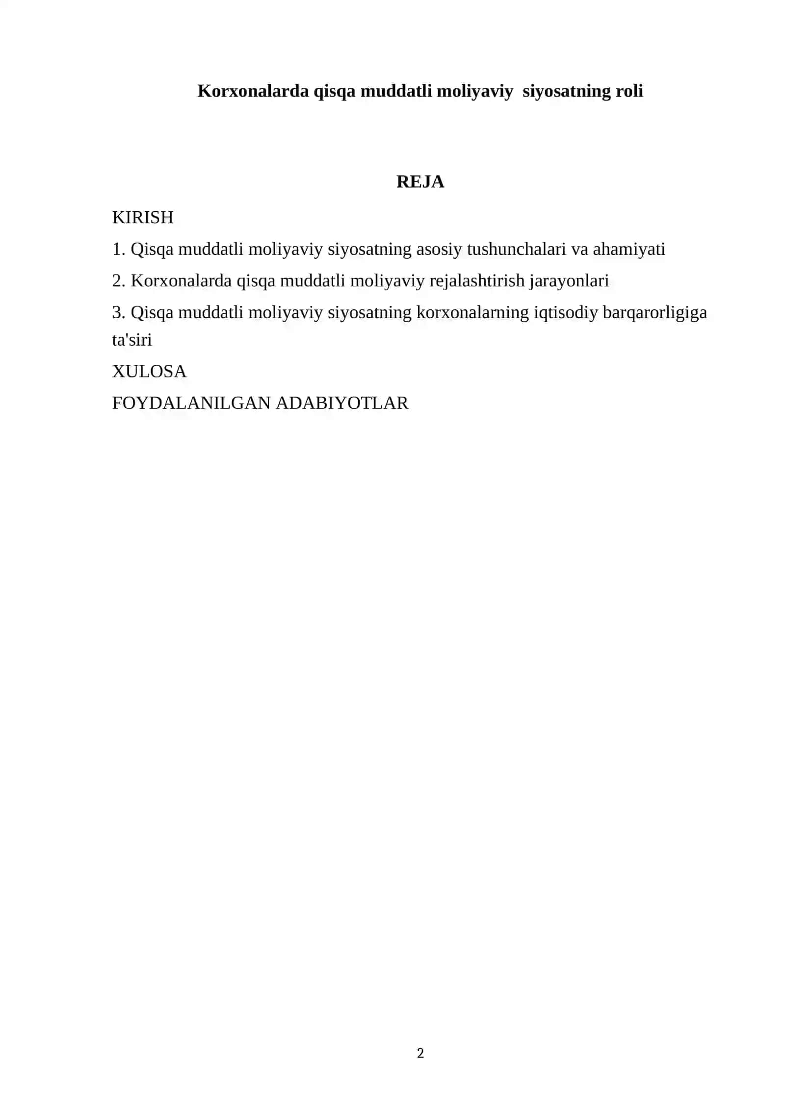 Korxonalarda qisqa muddatli moliyaviy siyosatning roli 2