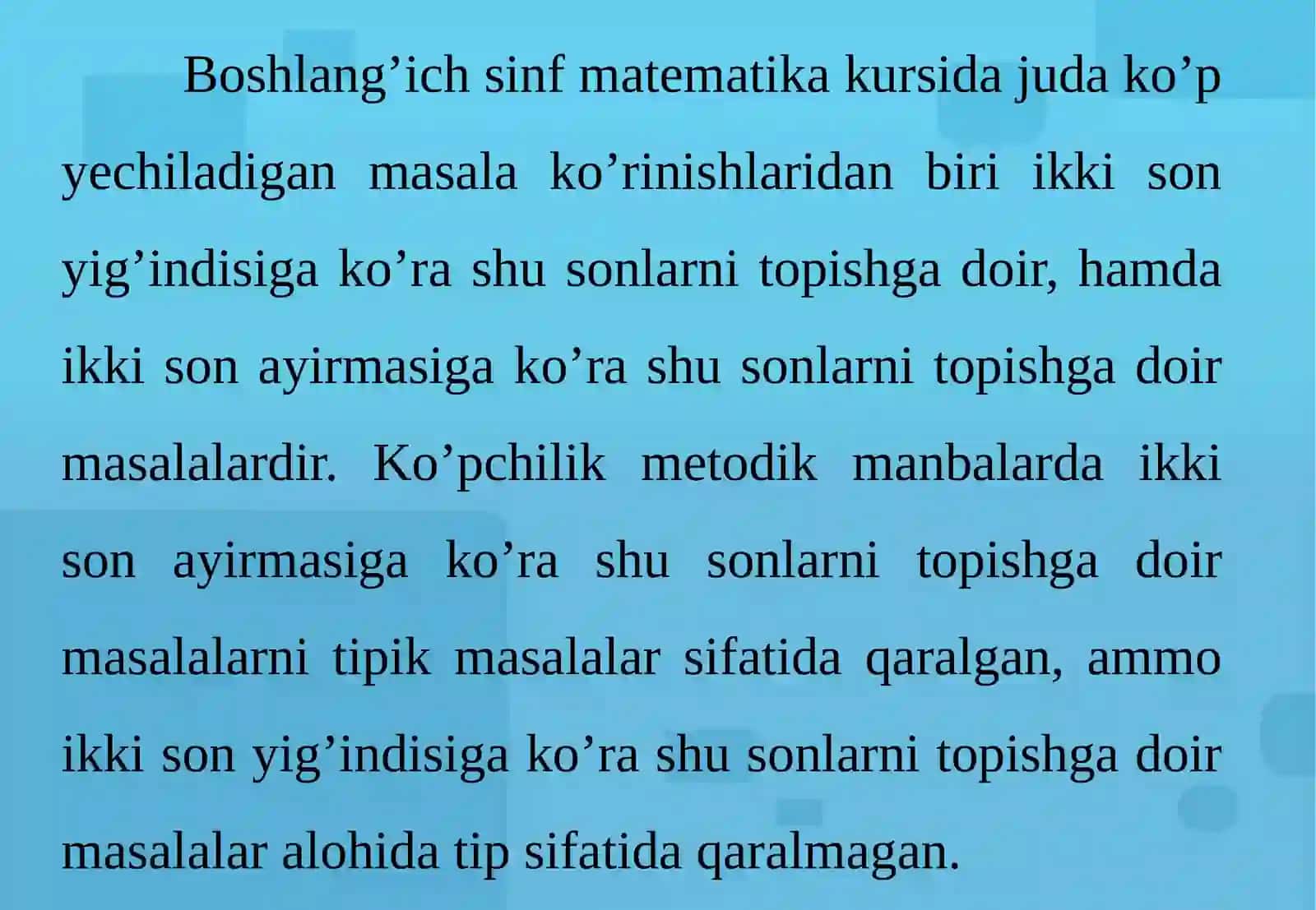 IKKI YOKI BIR NECHA SONNI ULARNING YIG’INDISI (YOKI AYIRMASI) VA KARRALI NISBATIDAN TOPISHGA DOIR MASALALAR 2