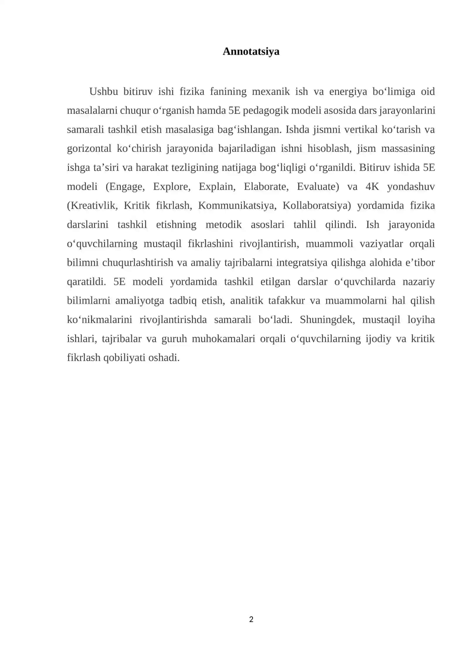 Jismni ko‘tarishda va va uni shu masofaga gorizontal ko‘chirishda bajariladigan ishni hisoblash 5E modeli asosida 2