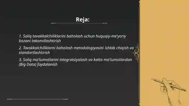 Soliq tavakkalchiliklarini baholash tizimini joriy qilish va soliq hisobini takomillashtirish masalalari 2