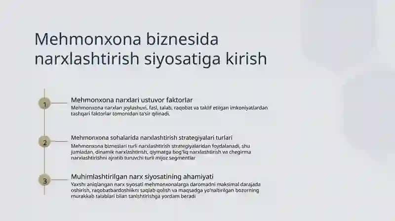 Mehmonxona biznesida narxlashtirish siyosatini amalga oshirish 2