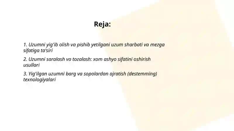Uzum sharbatini va mezgasini bijĝitish va vino materialni shakllantirish 2