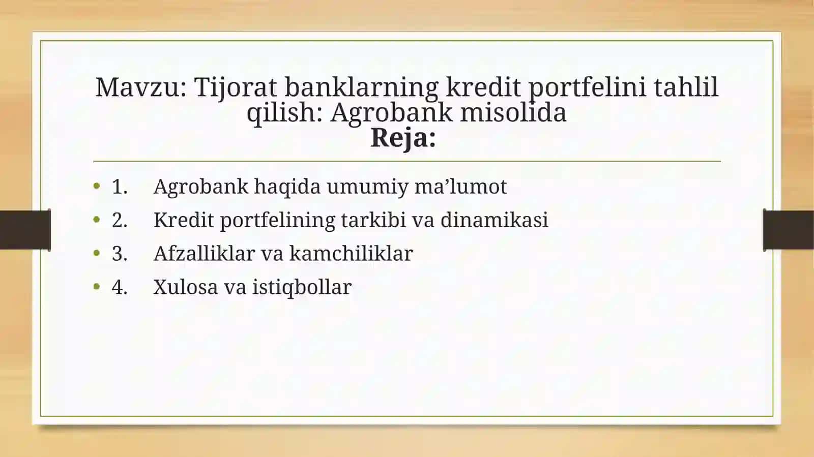Tijorat banklarning kredit portfelini tahlil qilish: Agrobank misolida 2