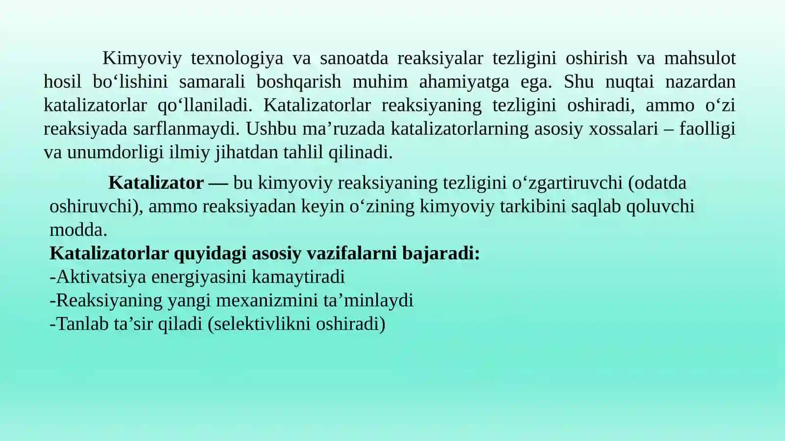 KATALIZATORLARNING FAOLLIGI VA UNUMDORLIGI 2