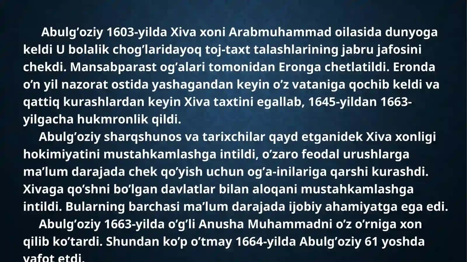6-MA’RUZA: Tarix asarlari. Abulg‘oziy Bahodurxon va uning tarixiy-badiiy asarlari: “Shajarai turk” va Shajarai tarokima” 2