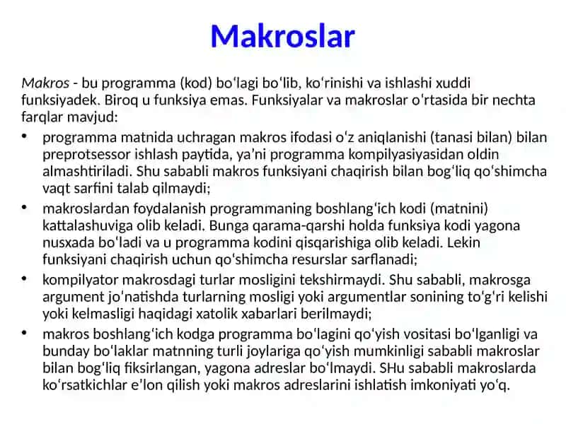 Preprotsessor direktivalari. Makroslarni aniqlash va joylashtirish. 2