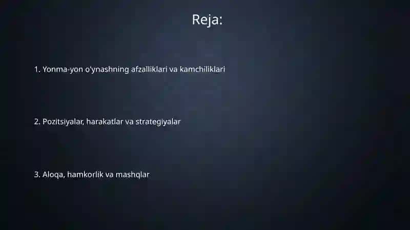 Juftlik o'yinda yonma yon o'ynash taktikasi 2