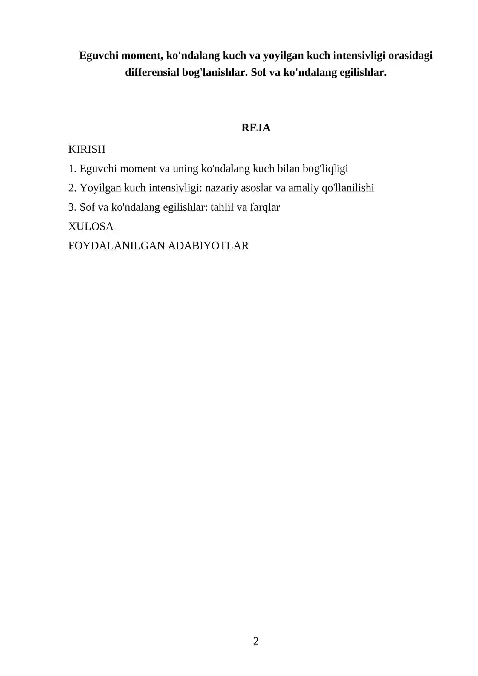 Eguvchi moment, ko'ndalang kuch va yoyilgan kuch intensivligi orasidagi differensial bog'lanishlar 2